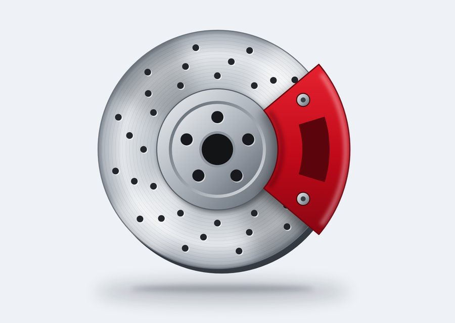 Ilustração de um disco de freio com pinça vermelha.