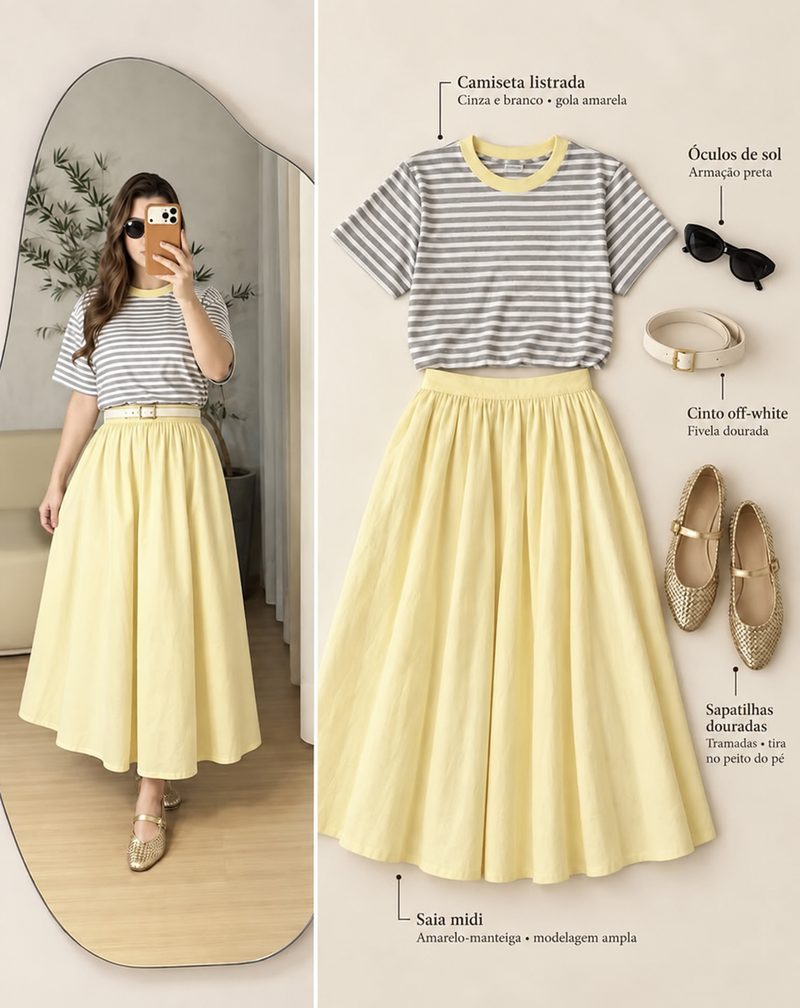 Look com camiseta listrada cinza e branca e saia midi amarelo-manteiga, vestido em frente ao espelho e com as peças dispostas lado a lado.
