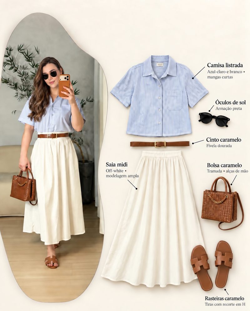 Look com camisa listrada azul-clara de mangas curtas e saia midi off-white, com cinto, bolsa e rasteiras em caramelo.