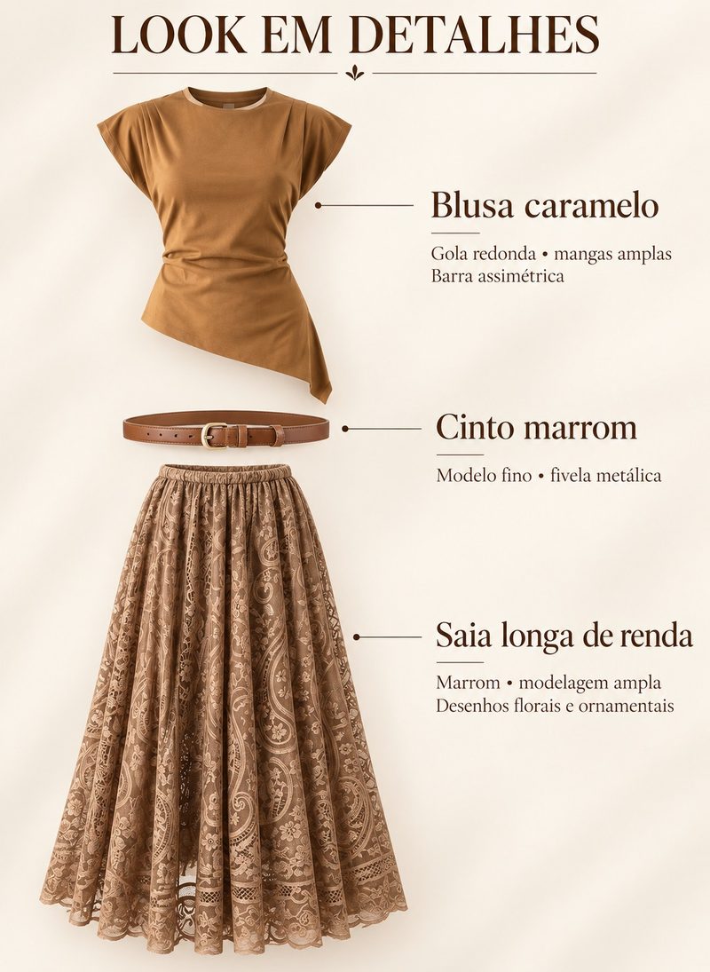 Look com blusa caramelo de barra assimétrica, cinto marrom fino e saia longa de renda marrom.