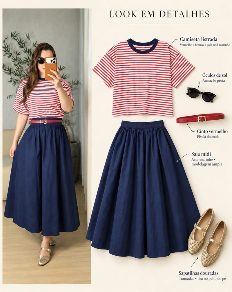 Look com camiseta listrada vermelha e branca e saia midi azul-marinho, com cinto vermelho e sapatilhas douradas.