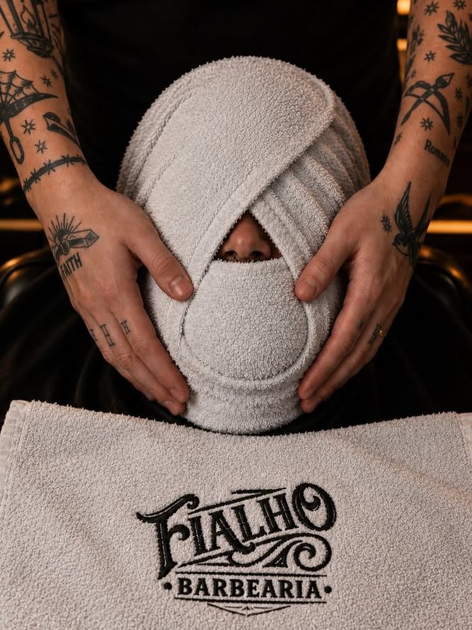 Cliente com o rosto envolto em toalha quente, entre as mãos do barbeiro. Em primeiro plano, outra toalha com o logo da Fialho Barbearia bordado.