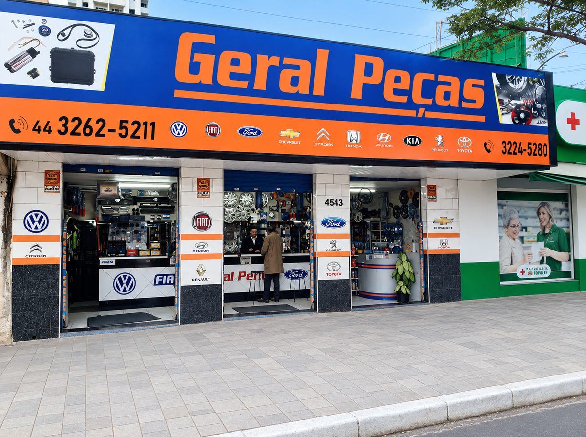Fachada da Geral Peças na Av. Brasil: letreiro azul e laranja, três portas abertas e os logos das marcas atendidas.
