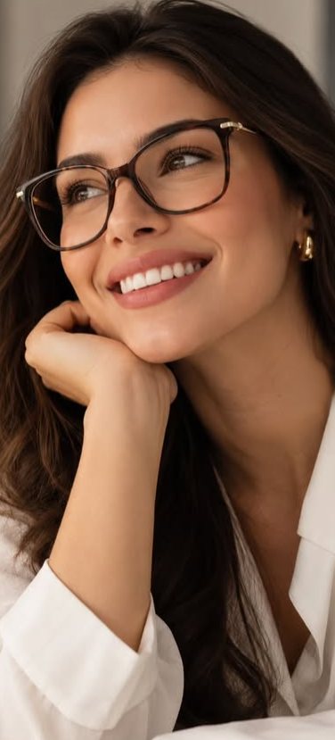 Mulher sorrindo, de óculos de armação escura.