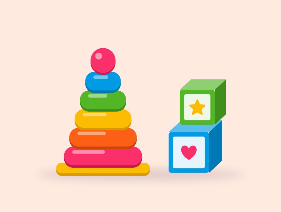 Ilustração de uma torre de argolas coloridas e dois cubos.