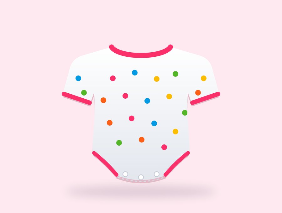 Ilustração de um body de bebê com bolinhas coloridas.
