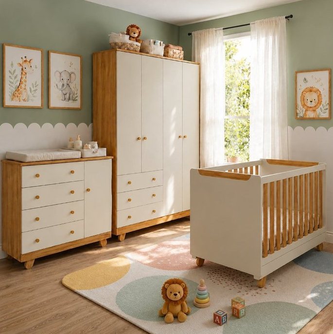 Quarto de bebê com berço, cômoda e guarda-roupa em branco e madeira, quadros de animais na parede e brinquedos no tapete.